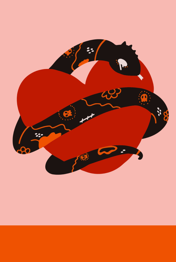 Illustration of crying snake holding a heart, tattooed, and rugged appearance